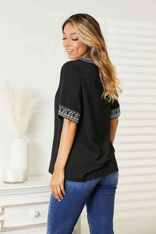 Shop Double Take Embroidered Notched Neck Top Now On Klozey Store - Trendy U.S. Premium Women Apparel & Accessories And Be Up-To-Fashion!
