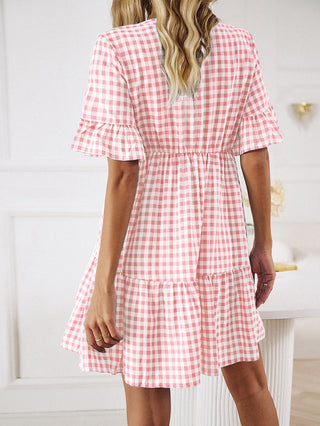 Shop Plaid Flounce Sleeve Buttoned Mini Dress Now On Klozey Store - Trendy U.S. Premium Women Apparel & Accessories And Be Up-To-Fashion!