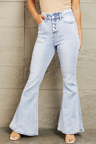 Shop BAYEAS High Waisted Button Fly Flare Jeans Now On Klozey Store - Trendy U.S. Premium Women Apparel & Accessories And Be Up-To-Fashion!