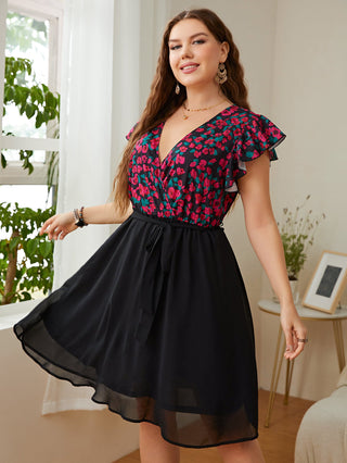 Shop Plus Size Floral Surplice Neck Flutter Sleeve Dress Now On Klozey Store - Trendy U.S. Premium Women Apparel & Accessories And Be Up-To-Fashion!