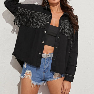 Shop Fringe Detail Button-Down Collared Neck Denim Jacket Now On Klozey Store - Trendy U.S. Premium Women Apparel & Accessories And Be Up-To-Fashion!