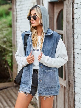 Shop Button Up Sleeveless Denim Jacket with Pockets Now On Klozey Store - Trendy U.S. Premium Women Apparel & Accessories And Be Up-To-Fashion!