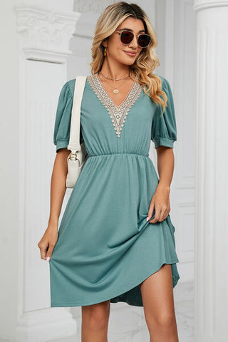 Shop V-Neck Puff Sleeve Dress Now On Klozey Store - Trendy U.S. Premium Women Apparel & Accessories And Be Up-To-Fashion!
