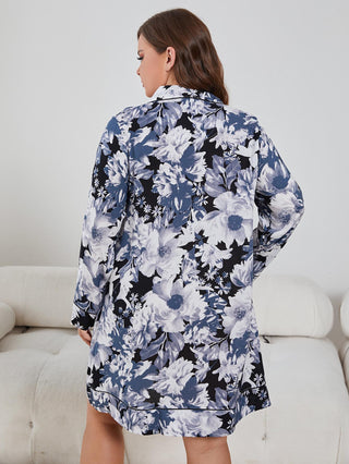 Shop Plus Size Floral Lapel Collar Long Sleeve Night Dress Now On Klozey Store - U.S. Fashion And Be Up-To-Fashion!