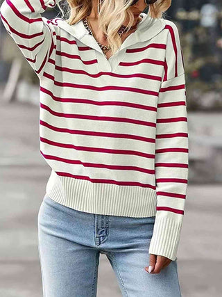 Shop Striped Collared Neck Knit Top Now On Klozey Store - Trendy U.S. Premium Women Apparel & Accessories And Be Up-To-Fashion!