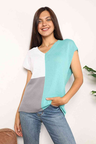 Shop Double Take Color Block V-Neck Knit Top Now On Klozey Store - Trendy U.S. Premium Women Apparel & Accessories And Be Up-To-Fashion!
