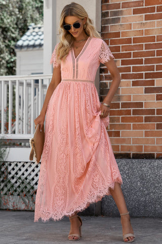 Shop Scalloped Trim Lace Plunge Dress Now On Klozey Store - Trendy U.S. Premium Women Apparel & Accessories And Be Up-To-Fashion!