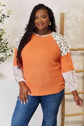 Shop Double Take Leopard Waffle-Knit Long Sleeve Blouse Now On Klozey Store - Trendy U.S. Premium Women Apparel & Accessories And Be Up-To-Fashion!