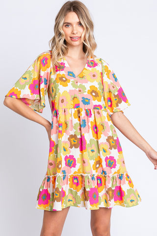 Shop GeeGee Full Size Floral V-Neck Ruffle Trim Mini Dress Now On Klozey Store - Trendy U.S. Premium Women Apparel & Accessories And Be Up-To-Fashion!