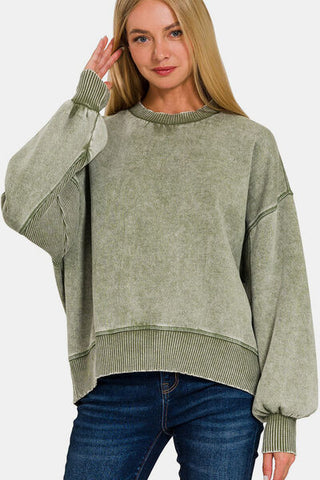 Shop Zenana Round Neck Dropped Shoulder Lantern Sleeve Sweatshirt Now On Klozey Store - Trendy U.S. Premium Women Apparel & Accessories And Be Up-To-Fashion!