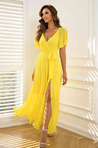 Shop Tie Waist Flutter Sleeve Maxi Dress Now On Klozey Store - Trendy U.S. Premium Women Apparel & Accessories And Be Up-To-Fashion!