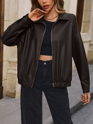 Shop Pocketed Zip Up Collared Neck Jacket Now On Klozey Store - Trendy U.S. Premium Women Apparel & Accessories And Be Up-To-Fashion!