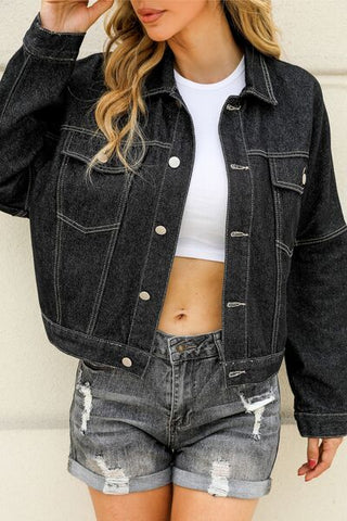 Shop Pocketed Button Up Dropped Shoulder Denim Jacket Now On Klozey Store - Trendy U.S. Premium Women Apparel & Accessories And Be Up-To-Fashion!