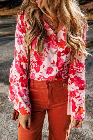 Shop Floral Flare Sleeve Button Up V-Neck Bodysuit Now On Klozey Store - Trendy U.S. Premium Women Apparel & Accessories And Be Up-To-Fashion!