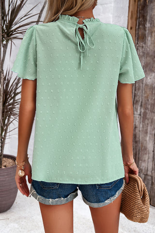 Shop Swiss Dot Smocked Round Neck Short Sleeve Blouse Now On Klozey Store - Trendy U.S. Premium Women Apparel & Accessories And Be Up-To-Fashion!