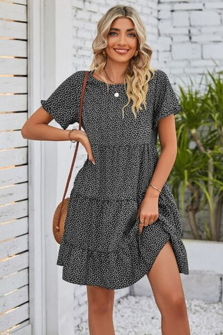 Shop Polka Dot Round Neck Tiered Dress Now On Klozey Store - Trendy U.S. Premium Women Apparel & Accessories And Be Up-To-Fashion!