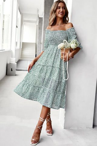 Shop Ditsy Floral Off-Shoulder Smocked Midi Dress Now On Klozey Store - U.S. Fashion And Be Up-To-Fashion!