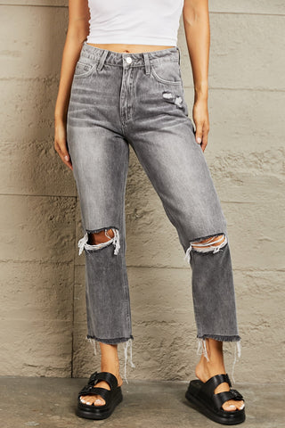 Shop BAYEAS Stone Wash Distressed Cropped Straight Jeans Now On Klozey Store - Trendy U.S. Premium Women Apparel & Accessories And Be Up-To-Fashion!