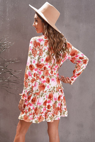Shop Floral Smocked Tie-Neck Frill Trim Dress Now On Klozey Store - U.S. Fashion And Be Up-To-Fashion!