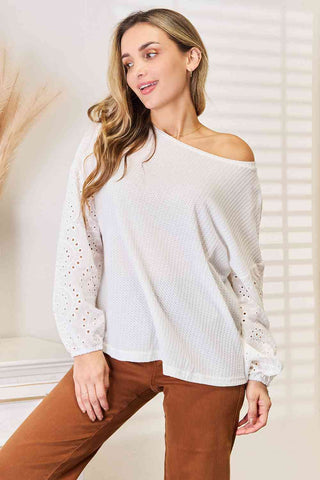 Shop Double Take Eyelet Dropped Shoulder Round Neck Blouse Now On Klozey Store - Trendy U.S. Premium Women Apparel & Accessories And Be Up-To-Fashion!