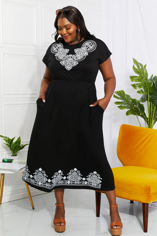Shop Heimish Walk In The Park Full Size Damask Midi Dress Now On Klozey Store - Trendy U.S. Premium Women Apparel & Accessories And Be Up-To-Fashion!