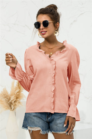 Shop Frill Trim V-Neck Flounce Sleeve Shirt Now On Klozey Store - U.S. Fashion And Be Up-To-Fashion!