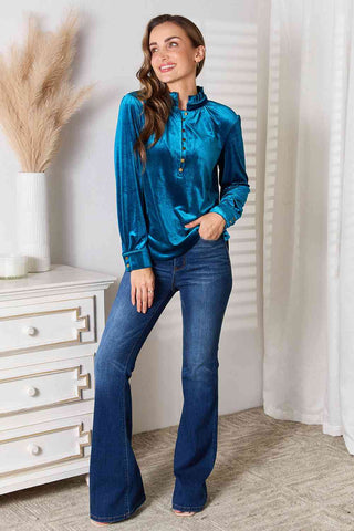 Shop Double Take Notched Neck Buttoned Long Sleeve Blouse Now On Klozey Store - Trendy U.S. Premium Women Apparel & Accessories And Be Up-To-Fashion!