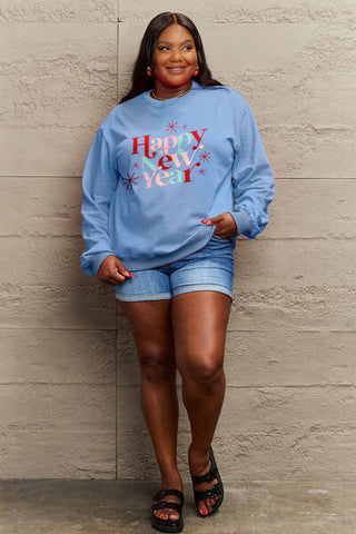 Shop Simply Love Full Size HAPPY NEW YEAR Round Neck Sweatshirt Now On Klozey Store - Trendy U.S. Premium Women Apparel & Accessories And Be Up-To-Fashion!