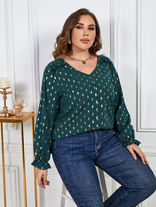 Shop Plus Size Printed Frill Trim Flounce Sleeve Blouse Now On Klozey Store - Trendy U.S. Premium Women Apparel & Accessories And Be Up-To-Fashion!