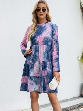 Shop Tie-Dye Round Neck Long Sleeve Tiered Dress Now On Klozey Store - U.S. Fashion And Be Up-To-Fashion!