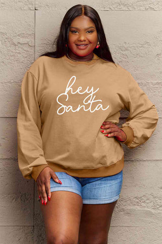 Shop Simply Love Full Size HEY SANTA Graphic Sweatshirt Now On Klozey Store - Trendy U.S. Premium Women Apparel & Accessories And Be Up-To-Fashion!
