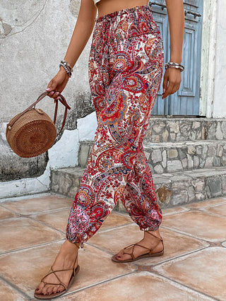 Shop Paisley Print Smocked High-Waist Pants Now On Klozey Store - U.S. Fashion And Be Up-To-Fashion!