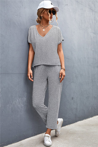 Shop V-Neck Short Sleeve T-Shirt and Drawstring Waist Pants Set Now On Klozey Store - U.S. Fashion And Be Up-To-Fashion!