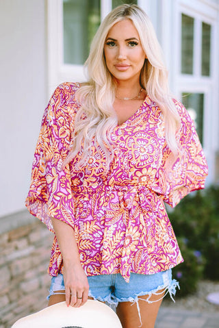 Shop Floral V-Neck Tie Front Ruffled Blouse Now On Klozey Store - Trendy U.S. Premium Women Apparel & Accessories And Be Up-To-Fashion!