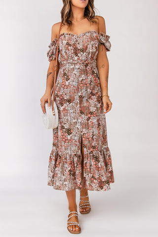 Shop Floral Off-Shoulder Frill Trim Split Dress Now On Klozey Store - U.S. Fashion And Be Up-To-Fashion!