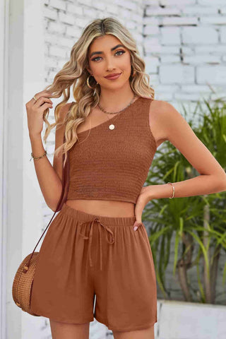 Shop Smocked One-Shoulder Sleeveless Top and Shorts Set Now On Klozey Store - U.S. Fashion And Be Up-To-Fashion!