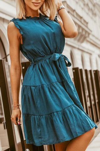 Shop Frill Tied Round Neck Sleeveless Tiered Dress Now On Klozey Store - U.S. Fashion And Be Up-To-Fashion!