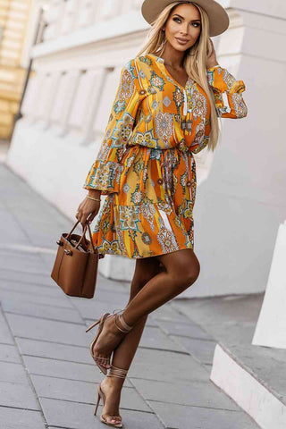 Shop Printed Notched Neck Flounce Sleeve Dress Now On Klozey Store - Trendy U.S. Premium Women Apparel & Accessories And Be Up-To-Fashion!