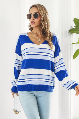Shop Striped V-Neck Dropped Shoulder Sweater Now On Klozey Store - Trendy U.S. Premium Women Apparel & Accessories And Be Up-To-Fashion!