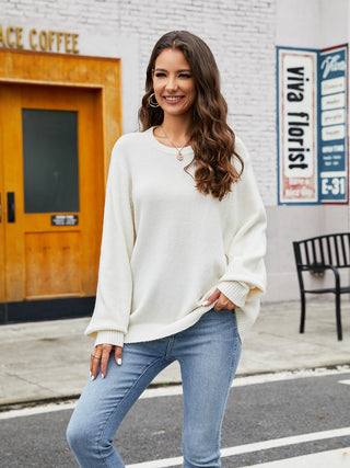 Shop Round Neck Ribbed Trim Sweater Now On Klozey Store - Trendy U.S. Premium Women Apparel & Accessories And Be Up-To-Fashion!