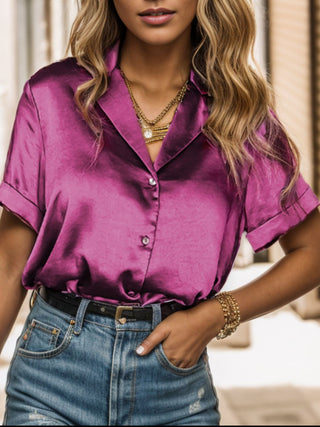 Shop Button Up Collared Neck Short Sleeve Shirt Now On Klozey Store - Trendy U.S. Premium Women Apparel & Accessories And Be Up-To-Fashion!