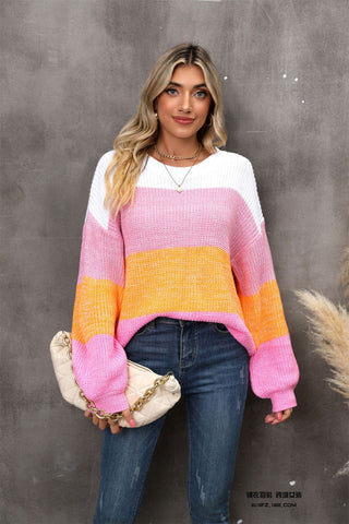 Shop Color Block Round Neck Dropped Shoulder Sweater Now On Klozey Store - Trendy U.S. Premium Women Apparel & Accessories And Be Up-To-Fashion!