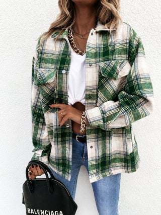 Shop Pocketed Plaid Snap Down Dropped Shoulder Jacket Now On Klozey Store - Trendy U.S. Premium Women Apparel & Accessories And Be Up-To-Fashion!