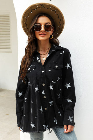Shop Collared Neck Star Print Long Sleeve Denim Jacket Now On Klozey Store - Trendy U.S. Premium Women Apparel & Accessories And Be Up-To-Fashion!