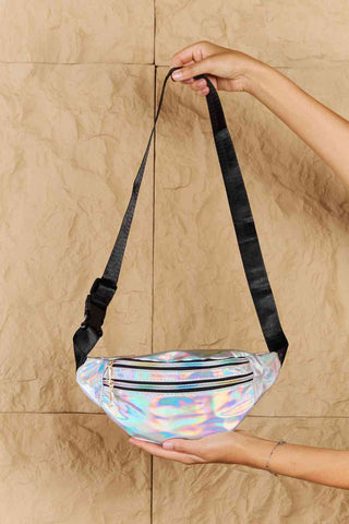 Shop Fame Good Vibrations Holographic Double Zipper Fanny Pack in Silver Now On Klozey Store - Trendy U.S. Premium Women Apparel & Accessories And Be Up-To-Fashion!