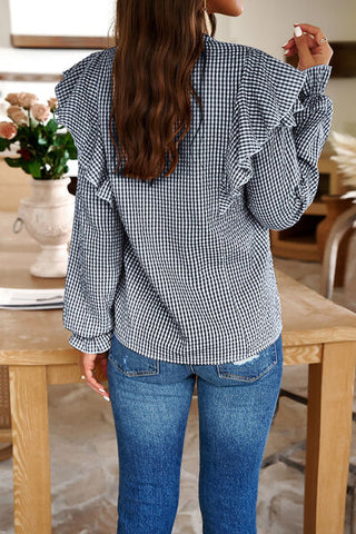 Shop Plaid Notched Flounce Sleeve Shirt Now On Klozey Store - Trendy U.S. Premium Women Apparel & Accessories And Be Up-To-Fashion!