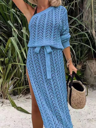 Shop Slit Openwork Single Shoulder Knit Dress Now On Klozey Store - Trendy U.S. Premium Women Apparel & Accessories And Be Up-To-Fashion!
