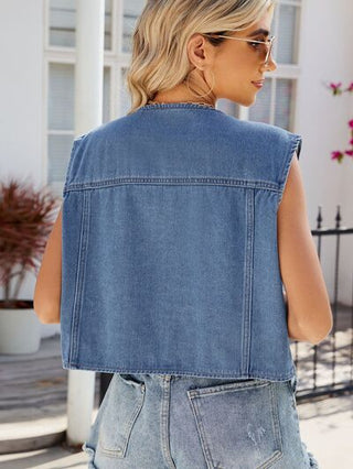 Shop Pocketed Button Up Sleeveless Denim Jacket Now On Klozey Store - U.S. Fashion And Be Up-To-Fashion!