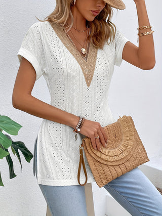 Shop Slit Eyelet V-Neck Short Sleeve Blouse Now On Klozey Store - Trendy U.S. Premium Women Apparel & Accessories And Be Up-To-Fashion!