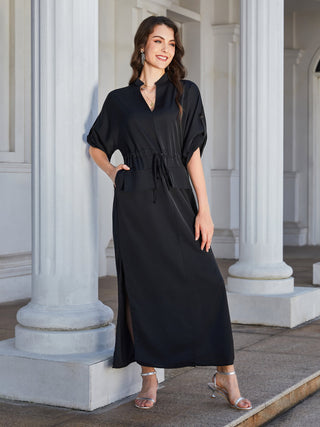 Shop High Slit Roll-tab Sleeve Notched Neck Maxi Dress Now On Klozey Store - Trendy U.S. Premium Women Apparel & Accessories And Be Up-To-Fashion!